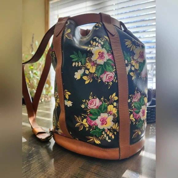 Vintage Kenzo Leather Bucket Bag Black Tan Floral